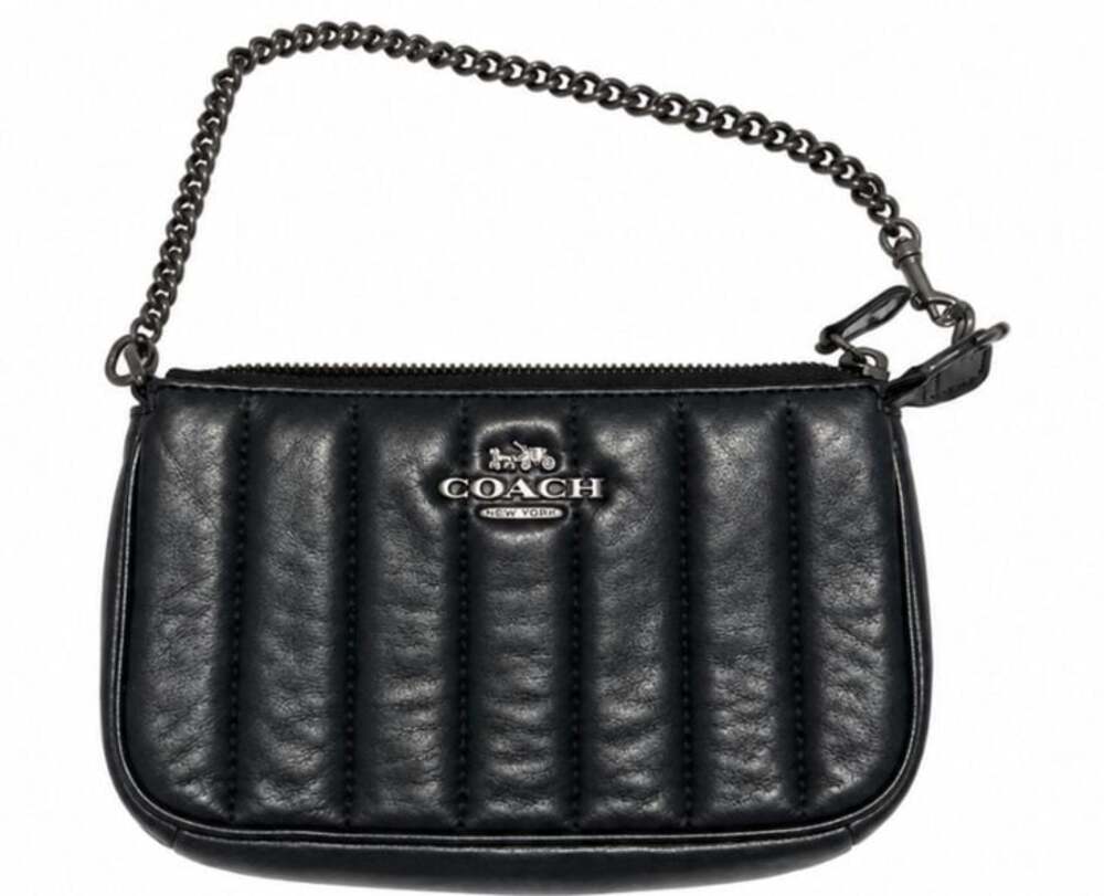 Coach Quilted Black Leather Chain Wristlet Clutch Bag